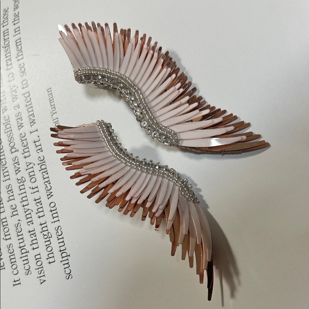 Mignonne Gavigan Pink & Rose Gold Wing Statement Earrings Beaded Fringe